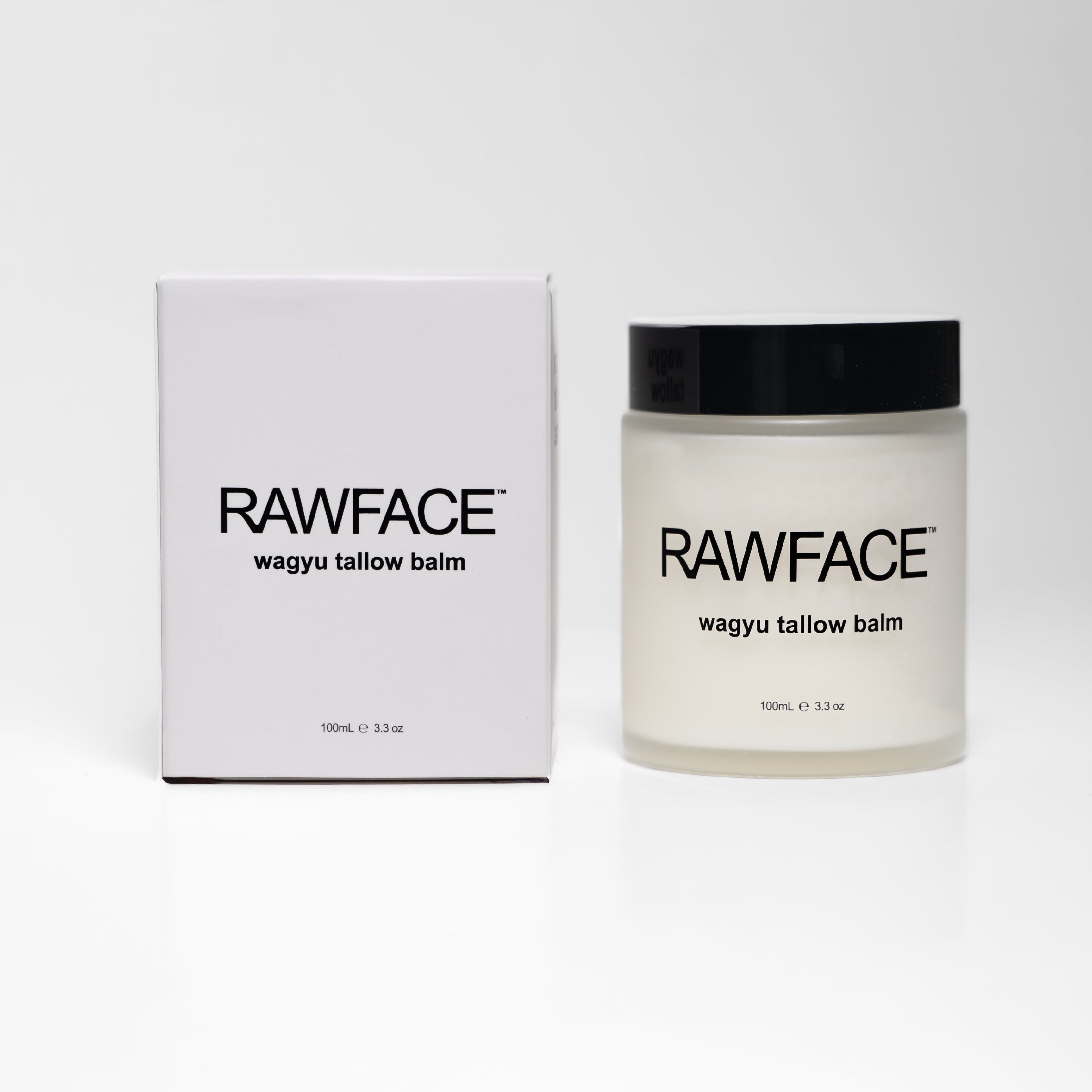 RAWFACE wagyu tallow balm jar and box on a white background